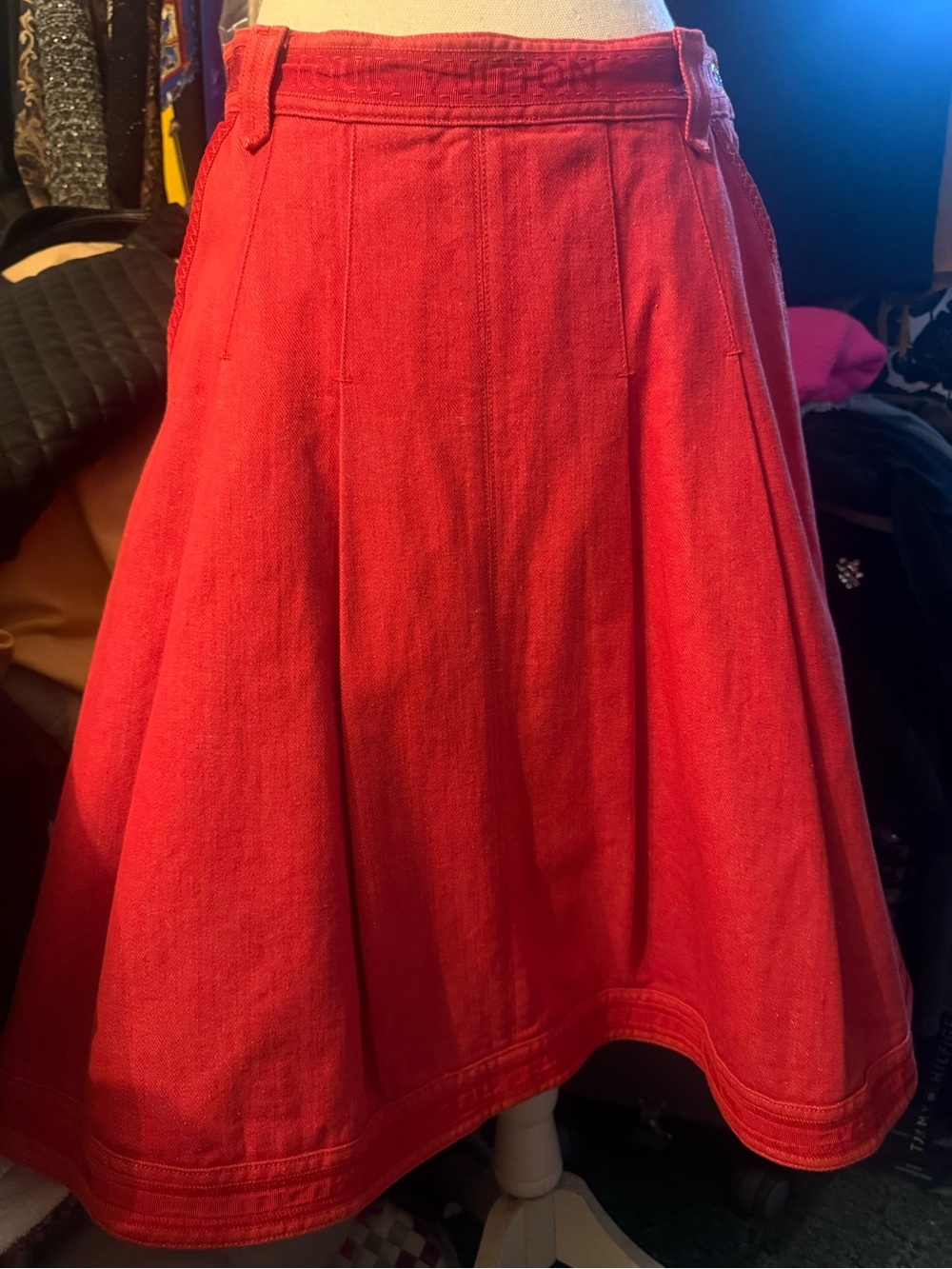 Rare Louis Vuitton achieved red denim Flared midi skirt -Box pleated FR40